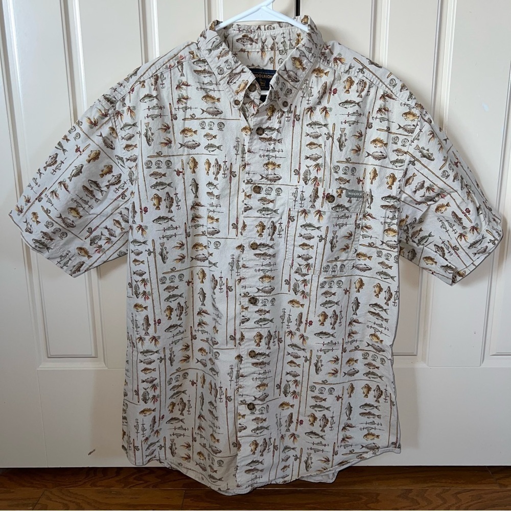 Woolrich Vintage Khaki Freshwater Fish Button Front Short Sleeve Shirt Size XL - Picture 12 of 12